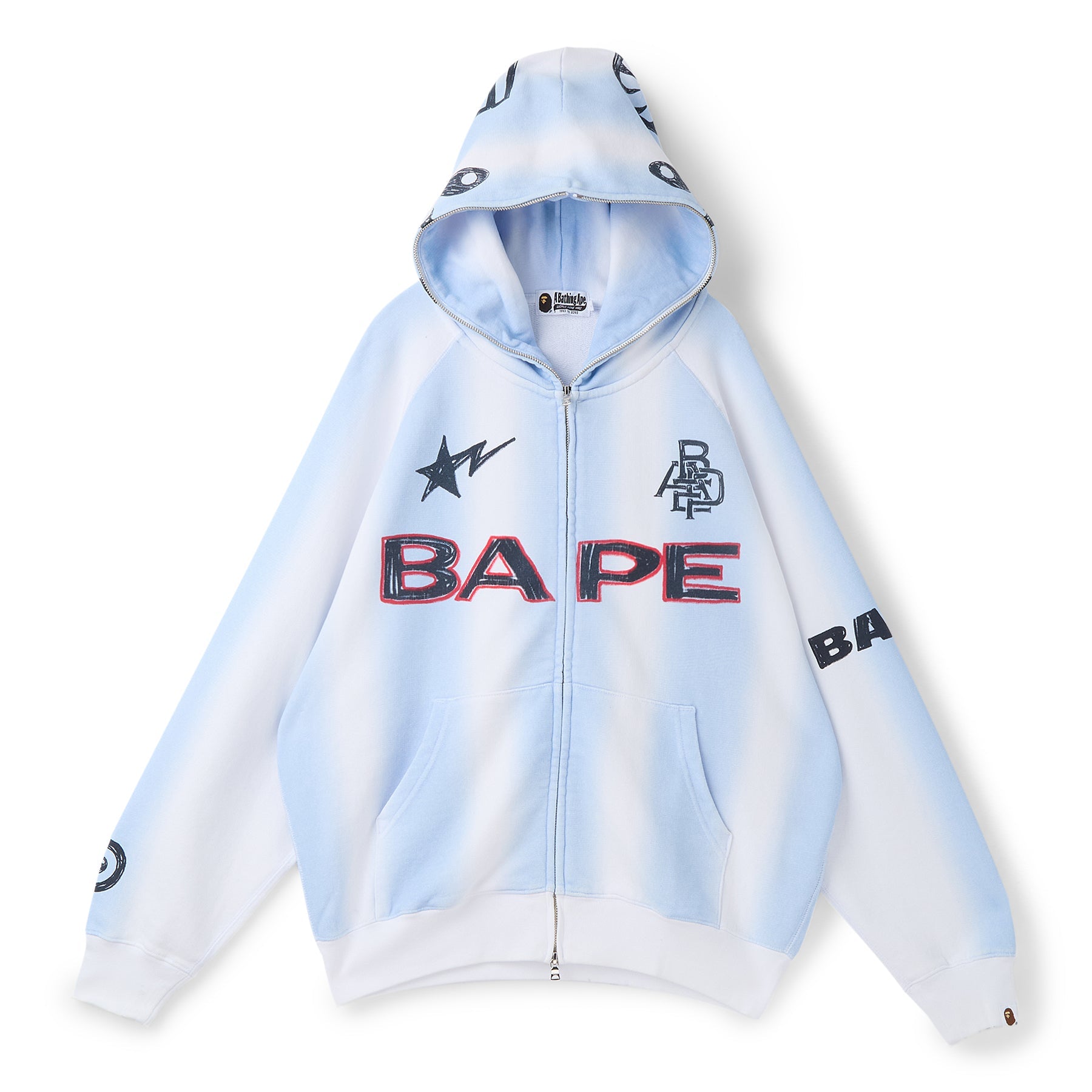 A Bathing Ape Hand Draw Football Shark Relaxed Fit Full Zip Hoodie M (White) Top