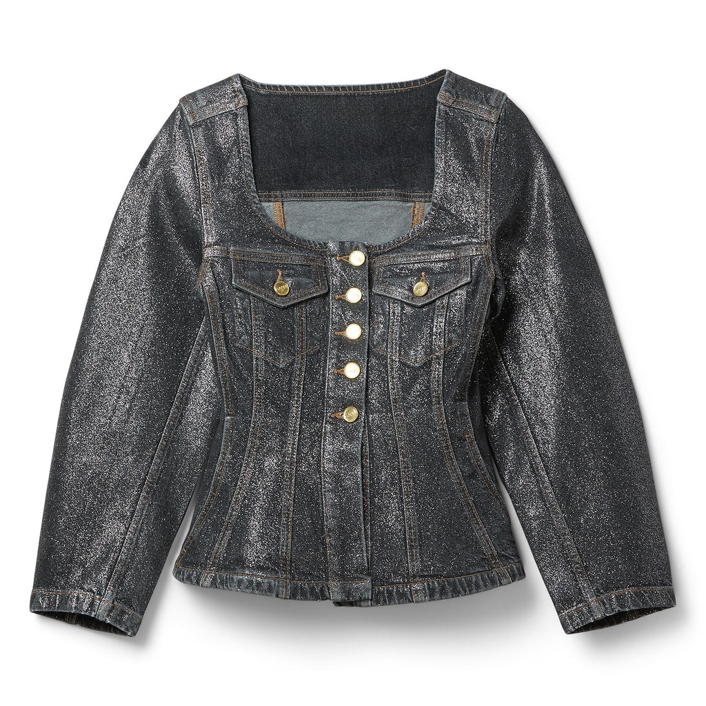 GANNI Shimmery Foil Denim Fitted Blazer (Washed Black/Black) Top