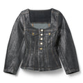 GANNI Shimmery Foil Denim Fitted Blazer (Washed Black/Black) Top