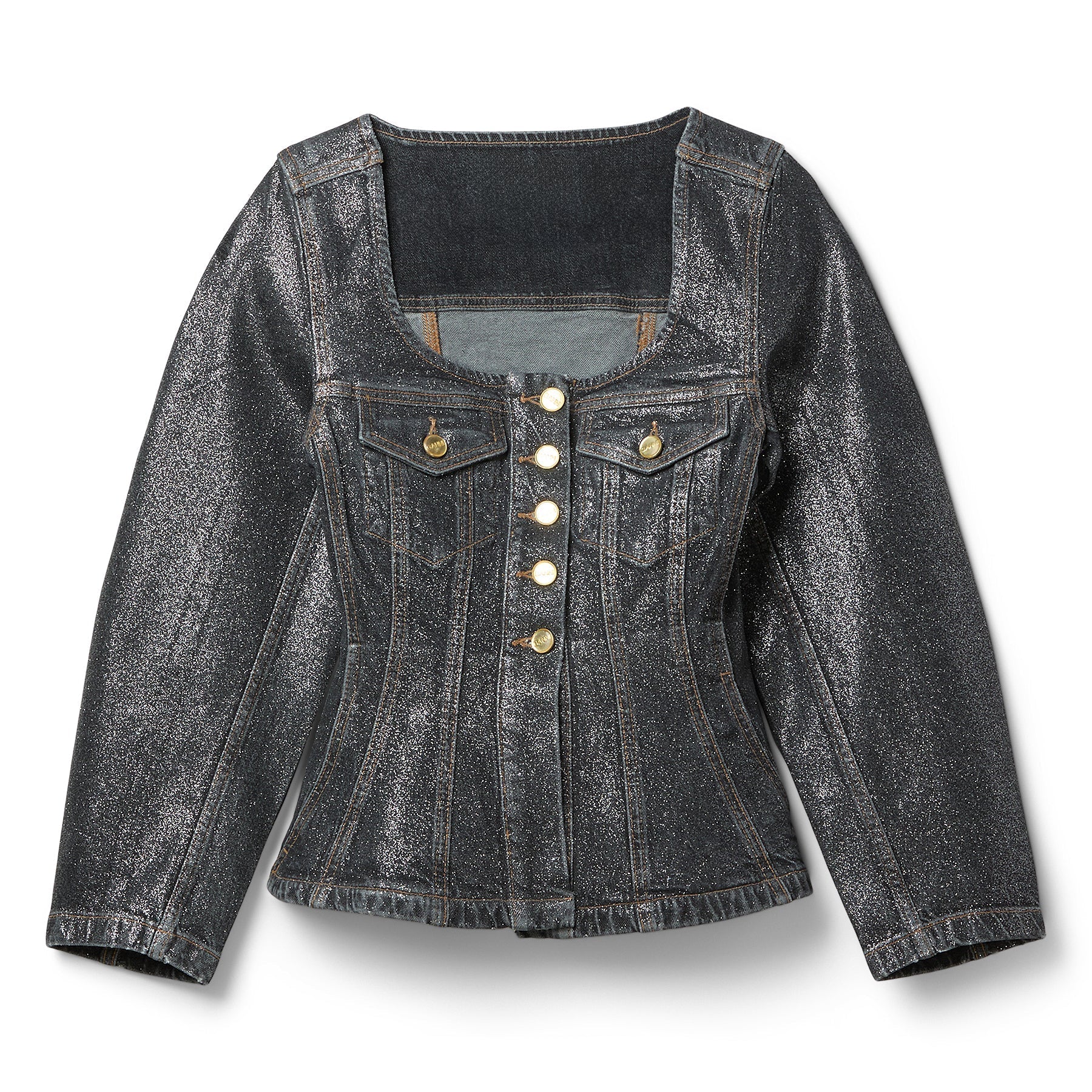 GANNI Shimmery Foil Denim Fitted Blazer (Washed Black/Black) Top