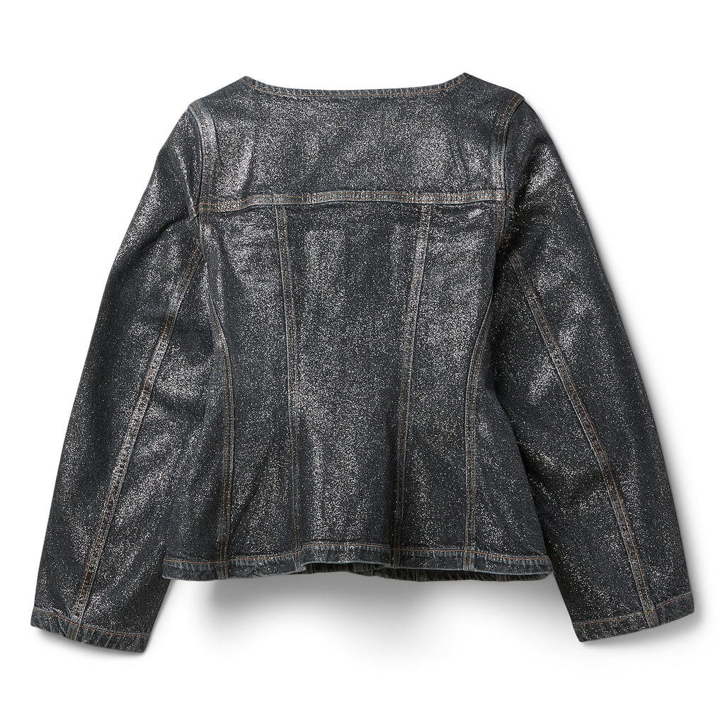 GANNI Shimmery Foil Denim Fitted Blazer (Washed Black/Black) Top