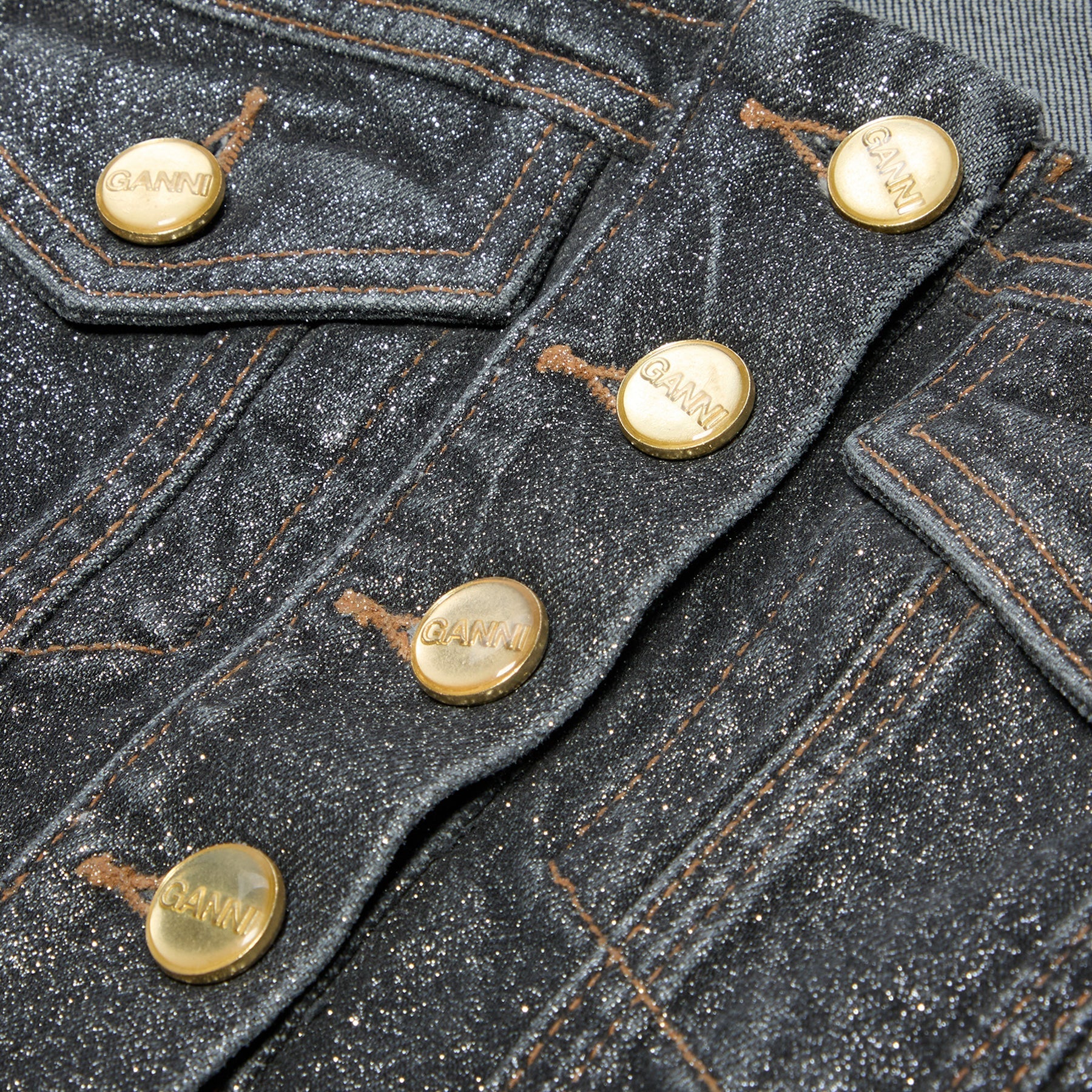 GANNI Shimmery Foil Denim Fitted Blazer (Washed Black/Black) Top