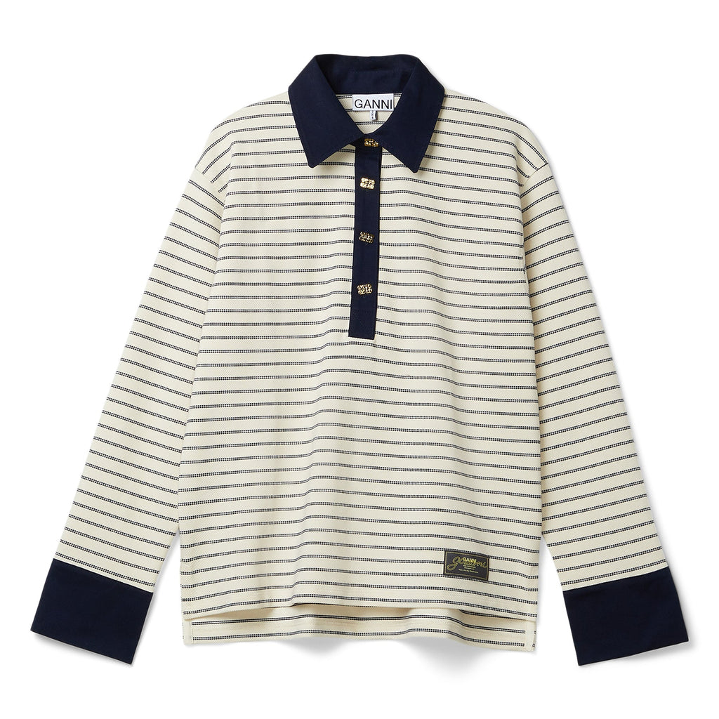 GANNI Striped Cotton Polo (Egret) Top