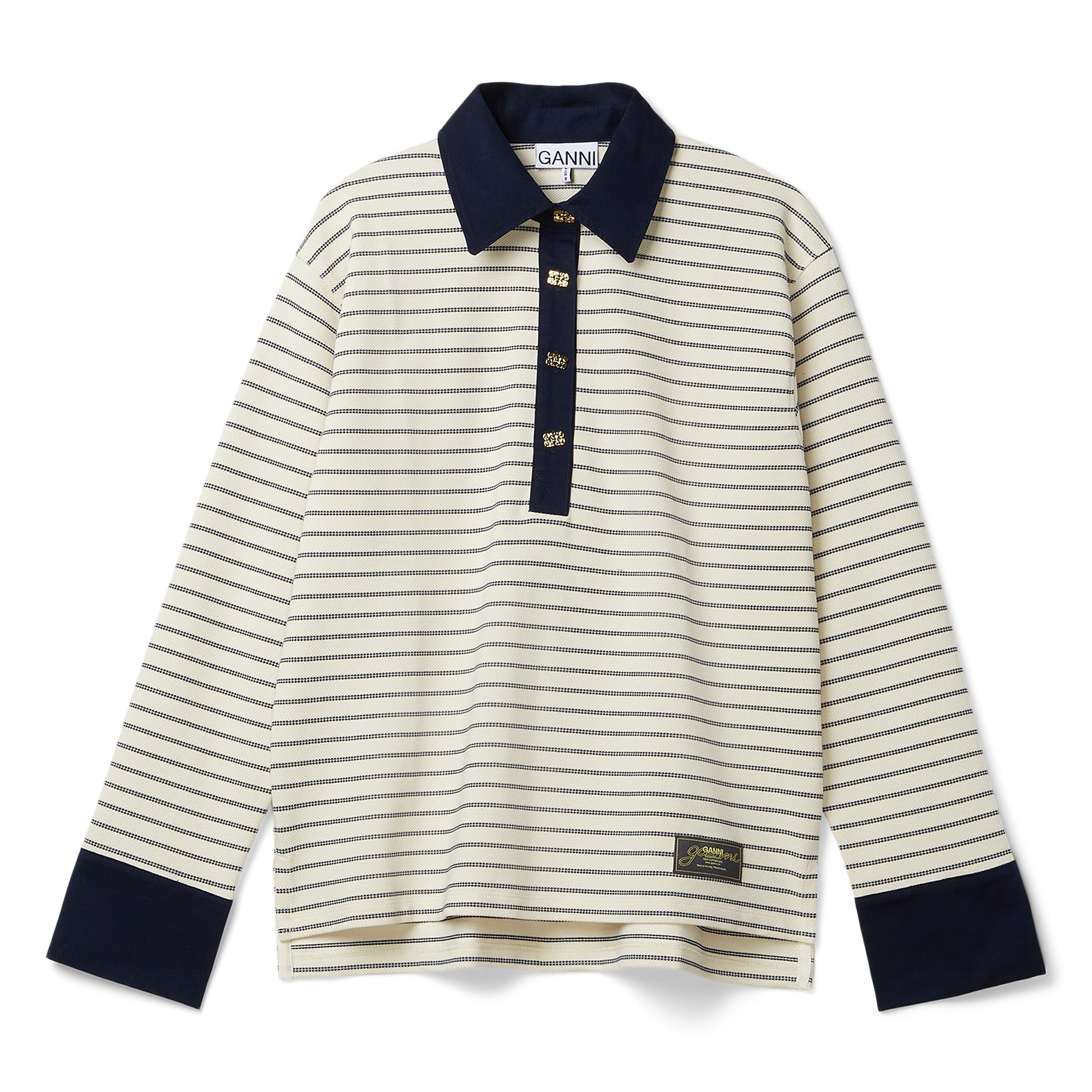 GANNI Striped Cotton Polo (Egret) Top