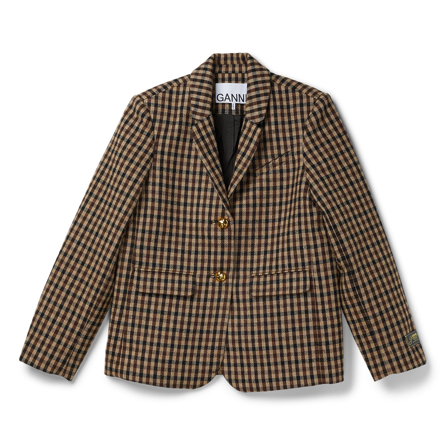 GANNI Check Wool Mix Oversized Blazer (Chicory Coffee) Top