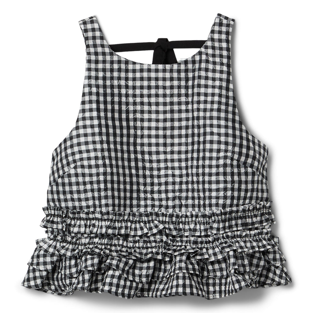 GANNI Crinkled Taffeta Check Open Back Frill Top (Black)