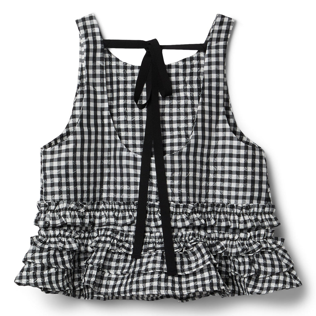 GANNI Crinkled Taffeta Check Open Back Frill Top (Black)