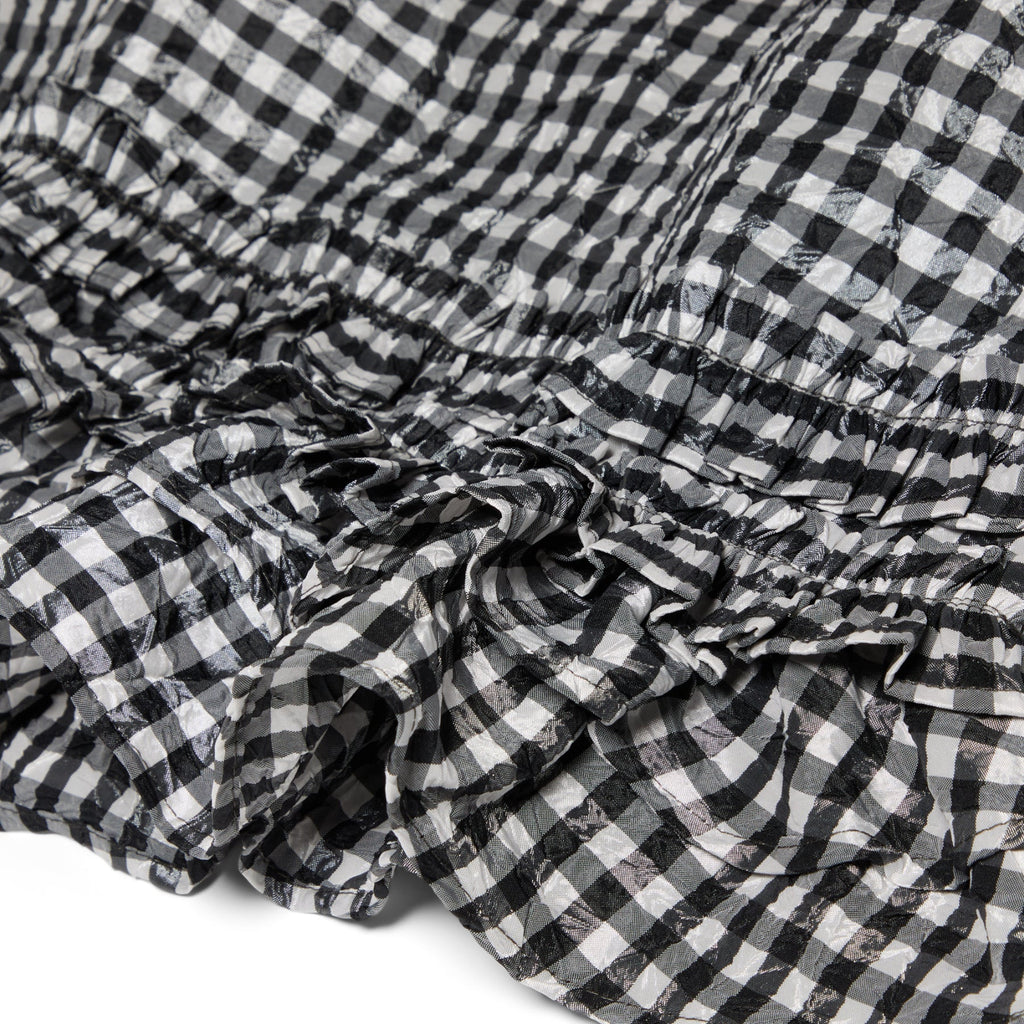 GANNI Crinkled Taffeta Check Open Back Frill Top (Black)