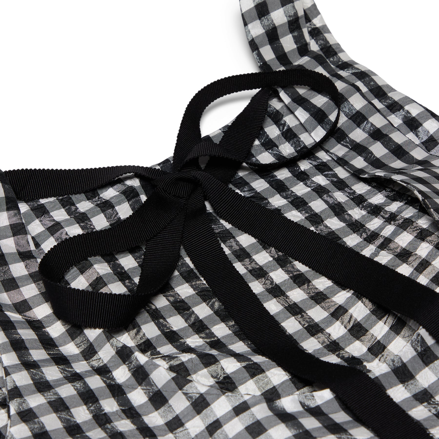 GANNI Crinkled Taffeta Check Open Back Frill Top (Black)
