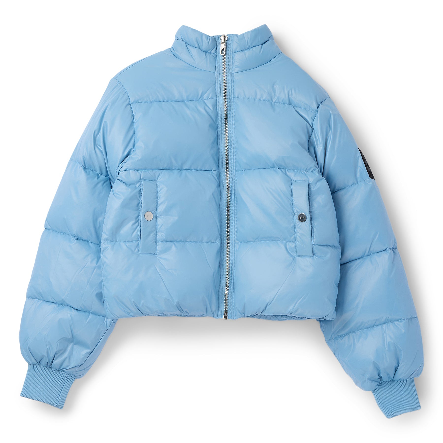 GANNI Shiny Nylon Short Puffer Jacket (Blissful Blue) Top
