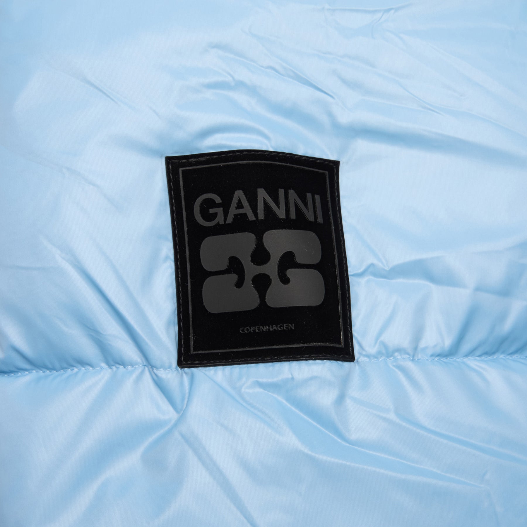 GANNI Shiny Nylon Short Puffer Jacket (Blissful Blue) Top