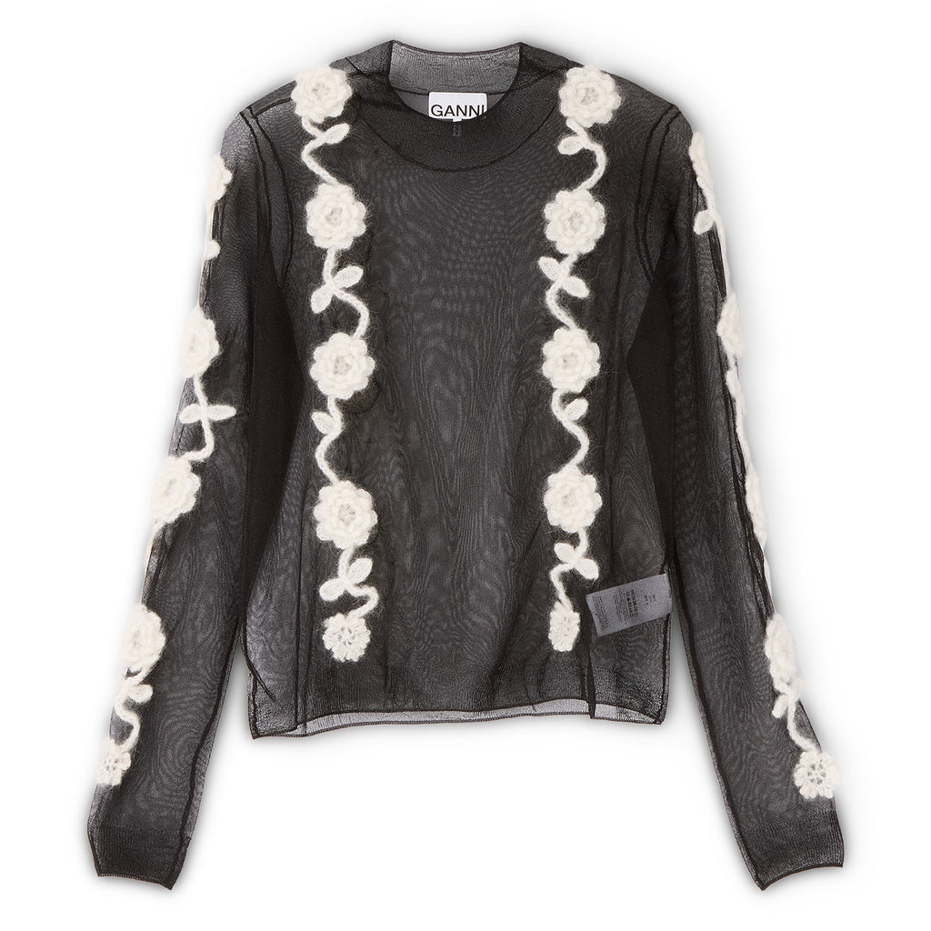 GANNI Sheer Flower Crochet Turtleneck (Black) Top