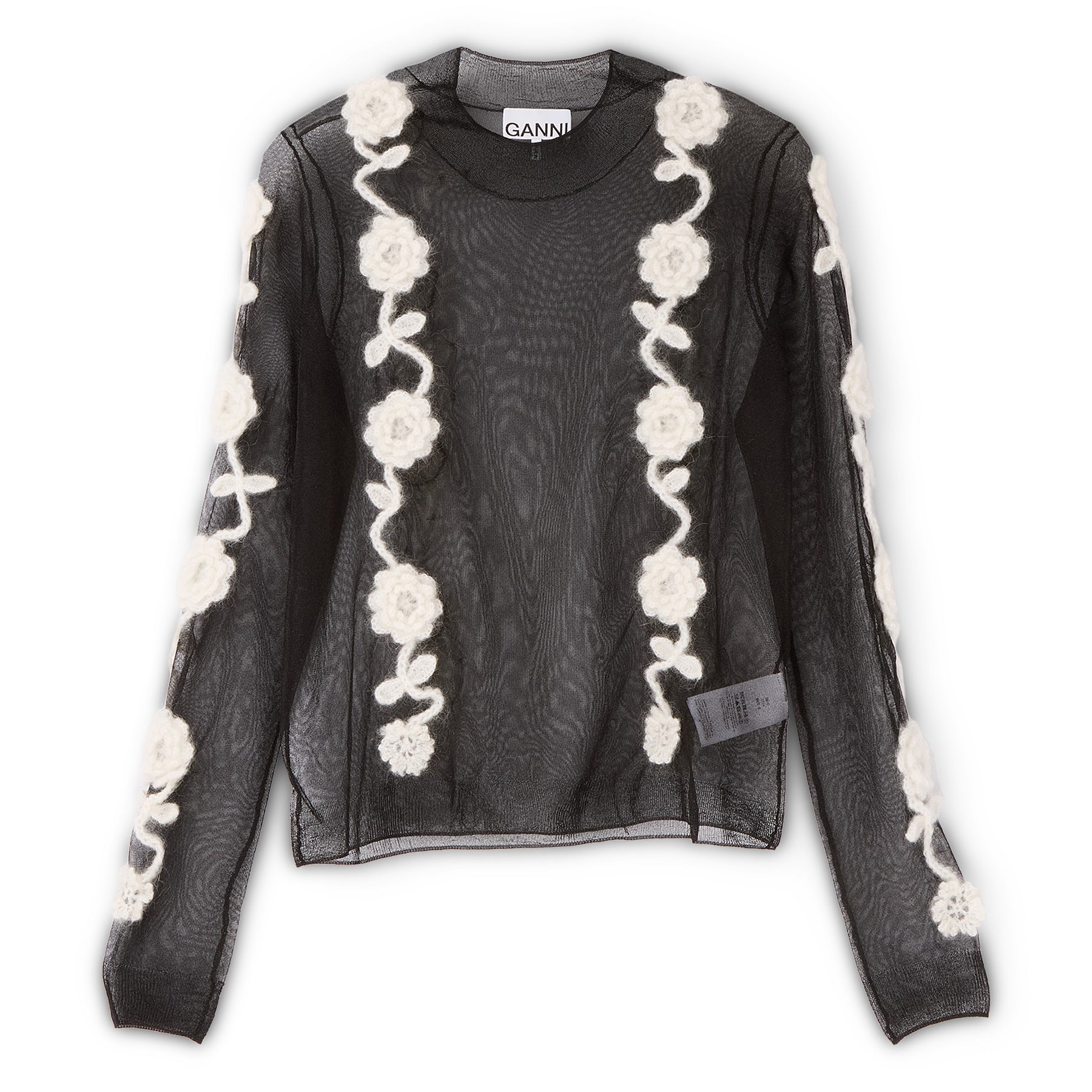 GANNI Sheer Flower Crochet Turtleneck (Black) Top