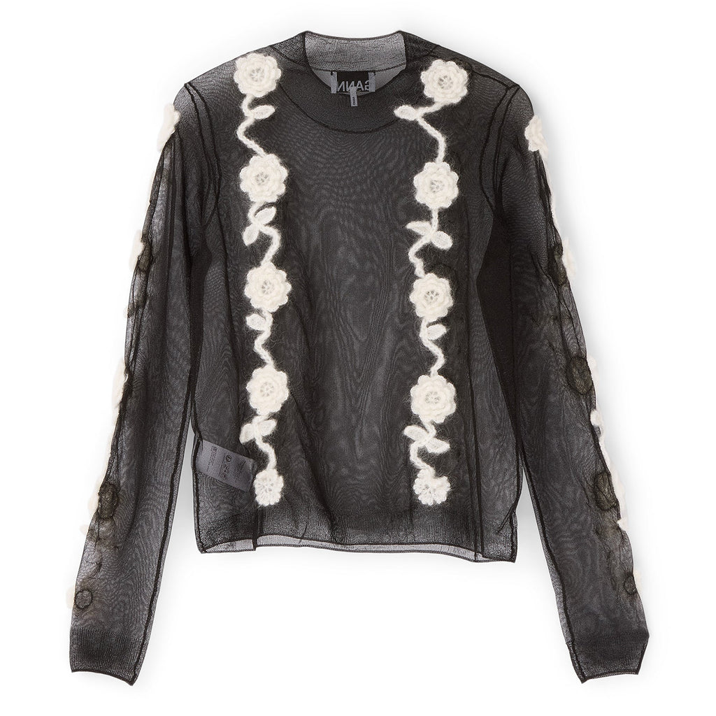GANNI Sheer Flower Crochet Turtleneck (Black) Top