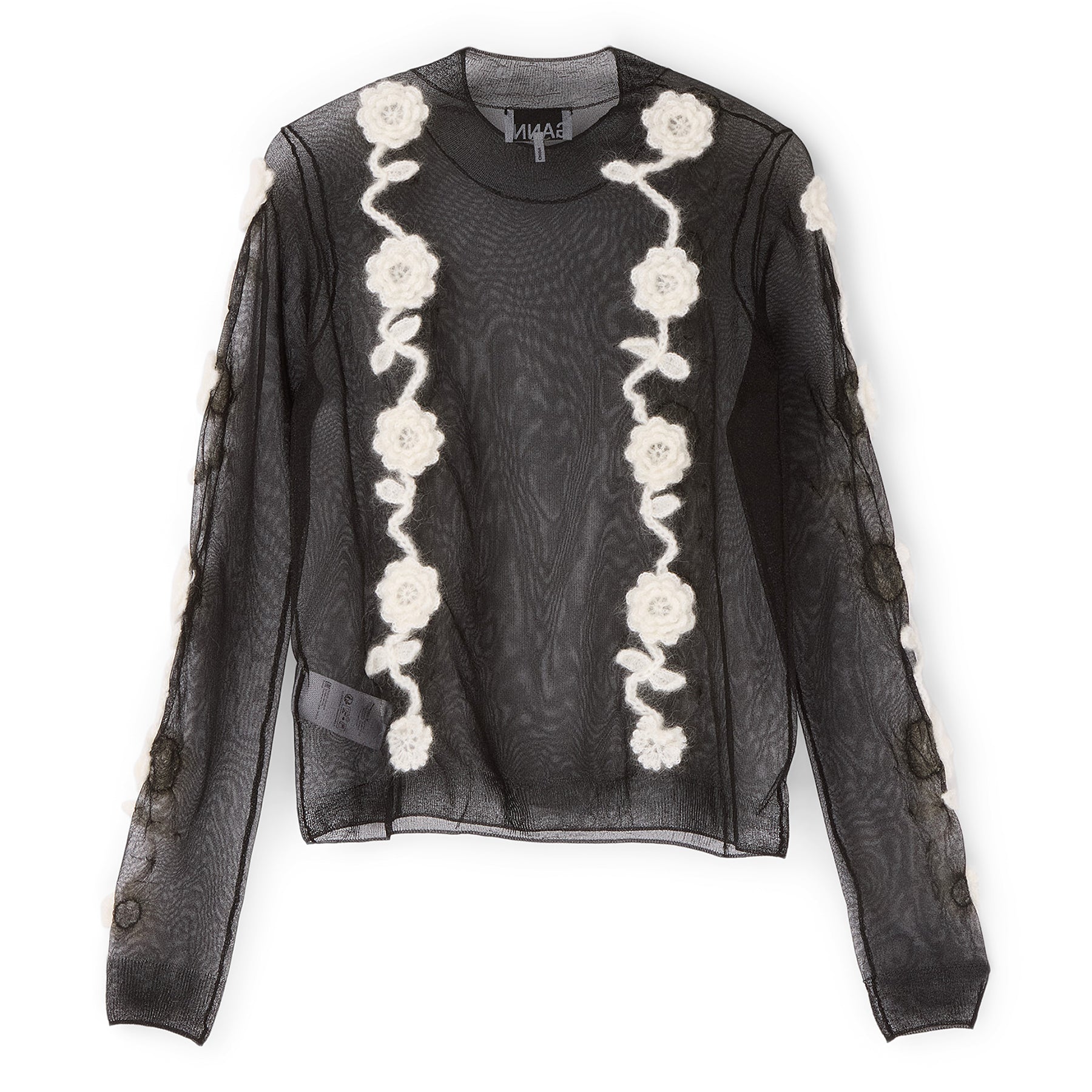 GANNI Sheer Flower Crochet Turtleneck (Black) Top