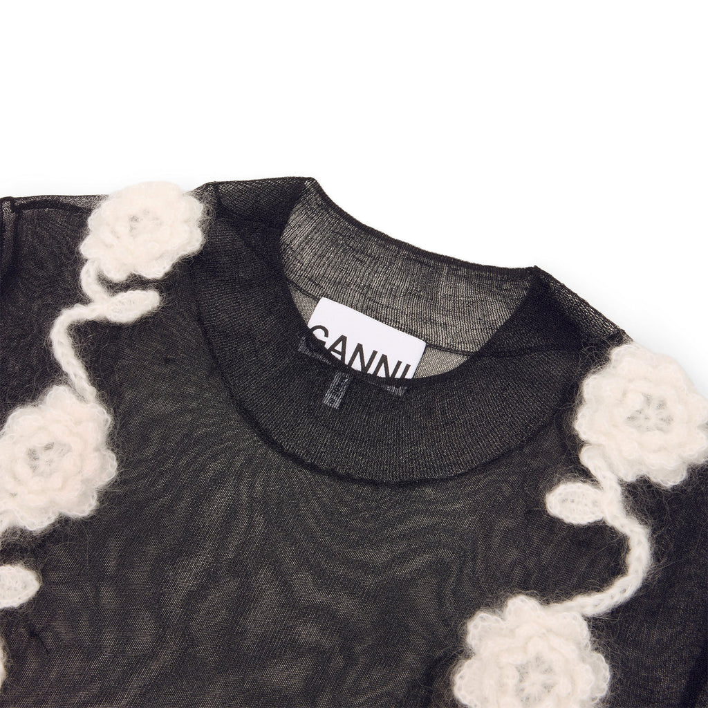 GANNI Sheer Flower Crochet Turtleneck (Black) Top