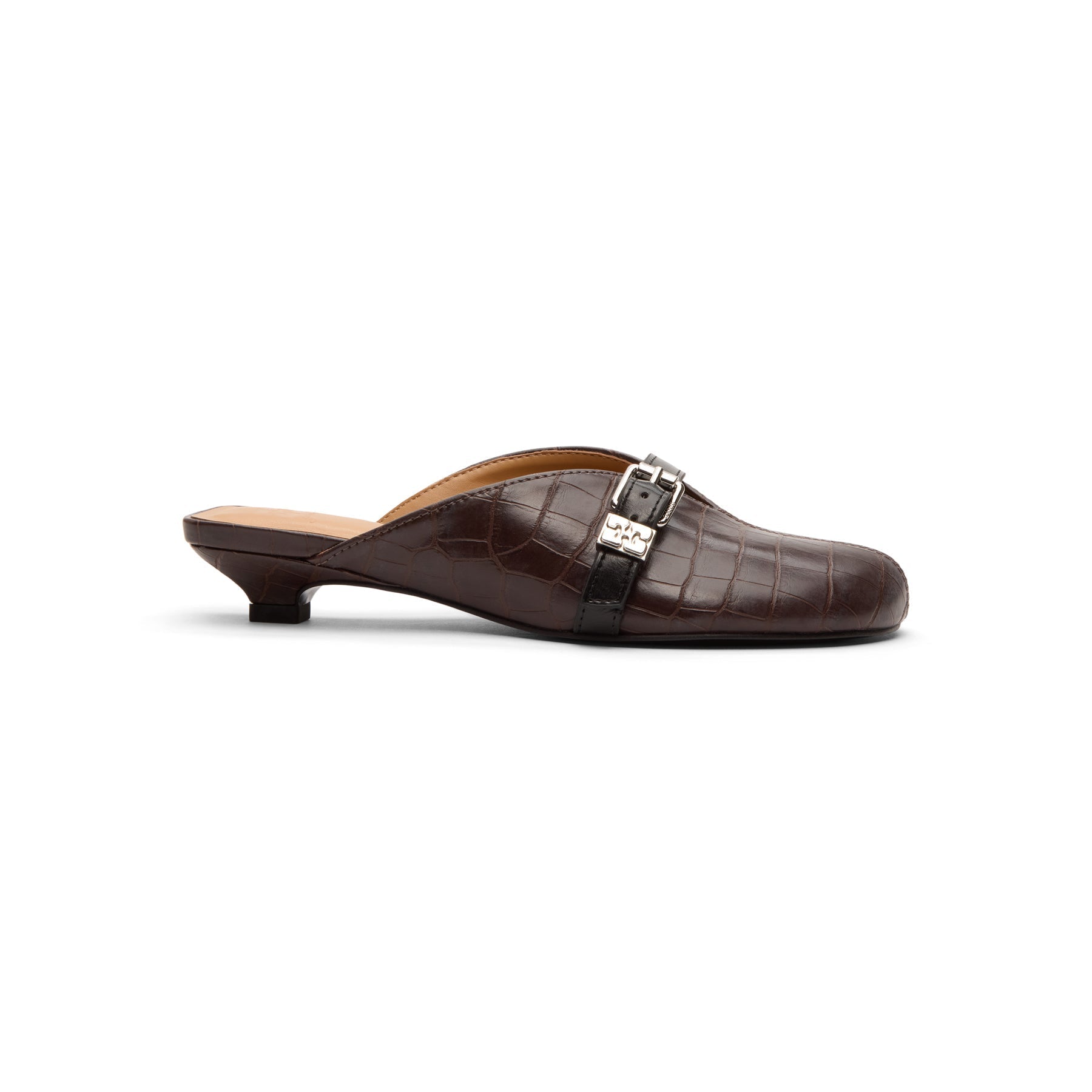 ganni-sue-kitten-heel-mule-croco-chocolate-fondant  Footwear