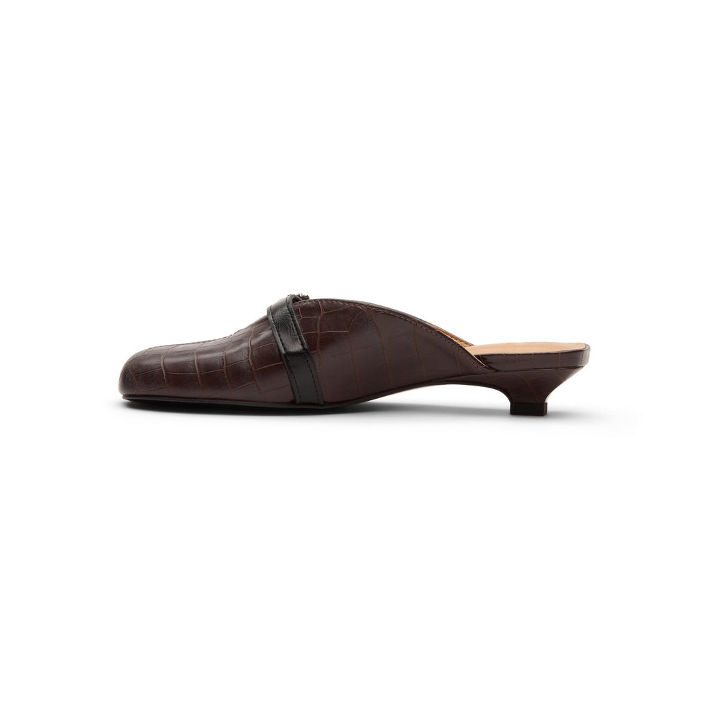 ganni-sue-kitten-heel-mule-croco-chocolate-fondant  Footwear