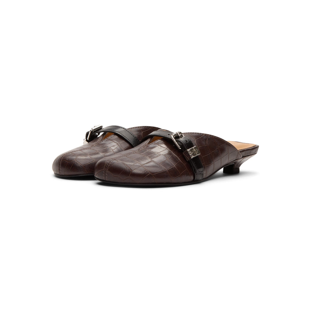 ganni-sue-kitten-heel-mule-croco-chocolate-fondant  Footwear