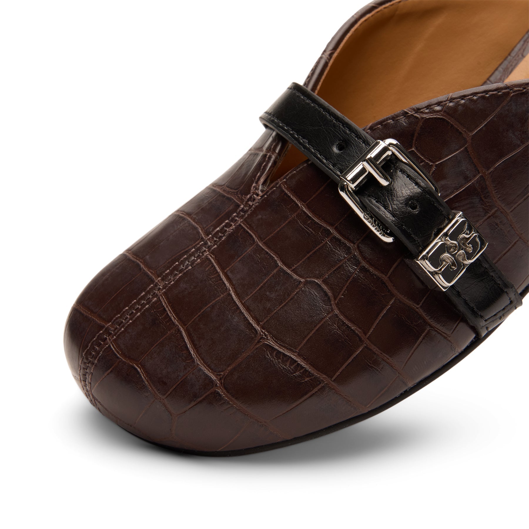 ganni-sue-kitten-heel-mule-croco-chocolate-fondant  Footwear