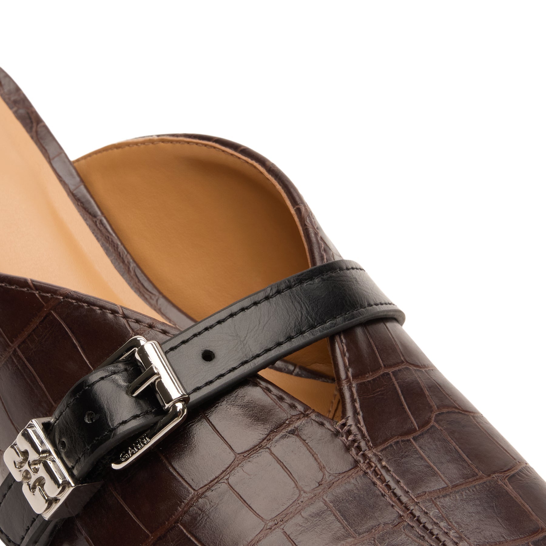 ganni-sue-kitten-heel-mule-croco-chocolate-fondant  Footwear