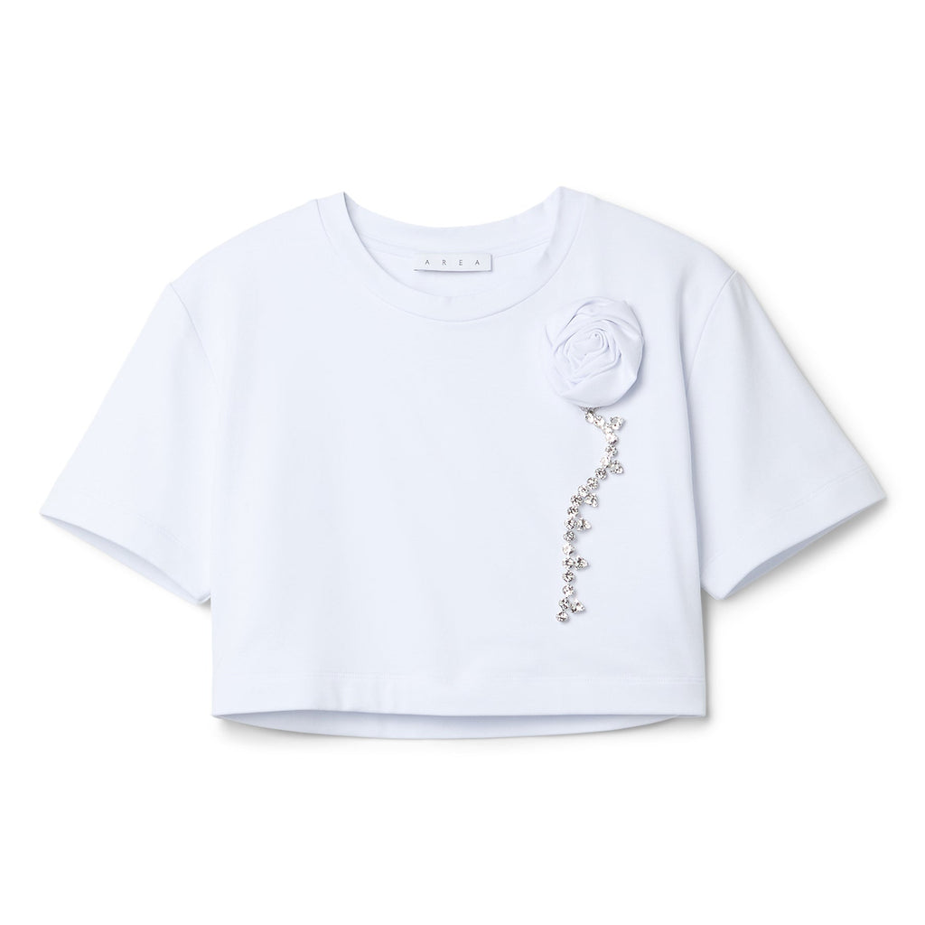 AREA Crystal Rosette Cropped T-Shirt (White) Top