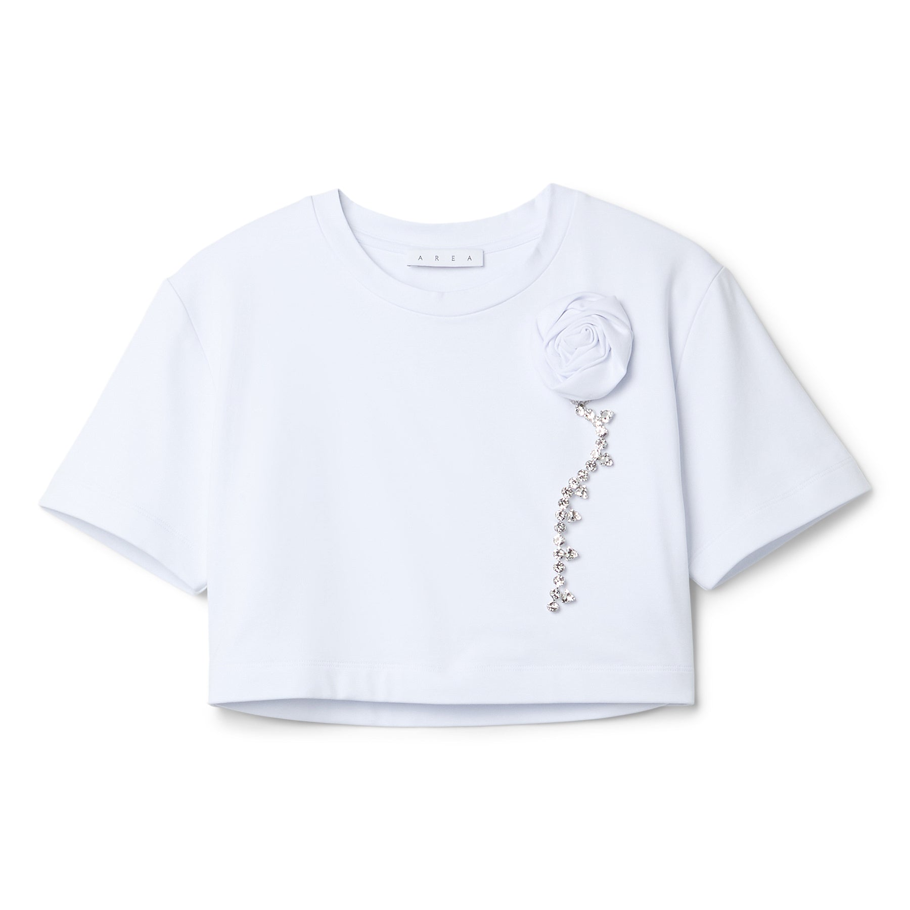 AREA Crystal Rosette Cropped T-Shirt (White) Top