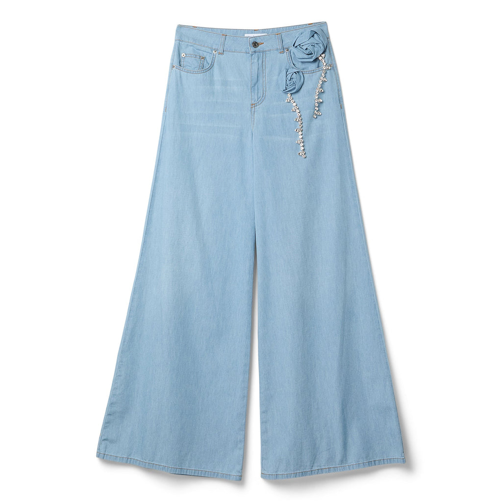 AREA Crystal Rosette Wide Leg Jean (Super light blue) Trousers