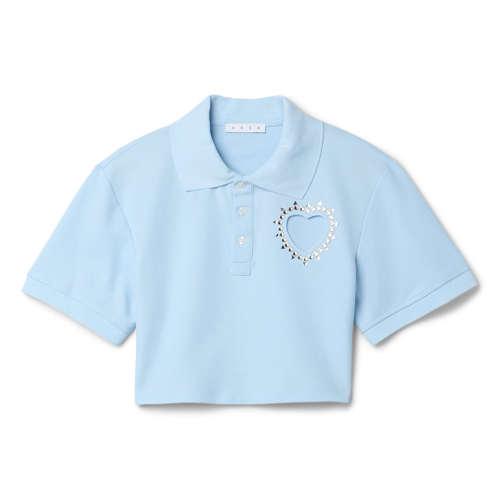AREA Crystal Heart Cutout Cropped Polo (Baby Blue)Top