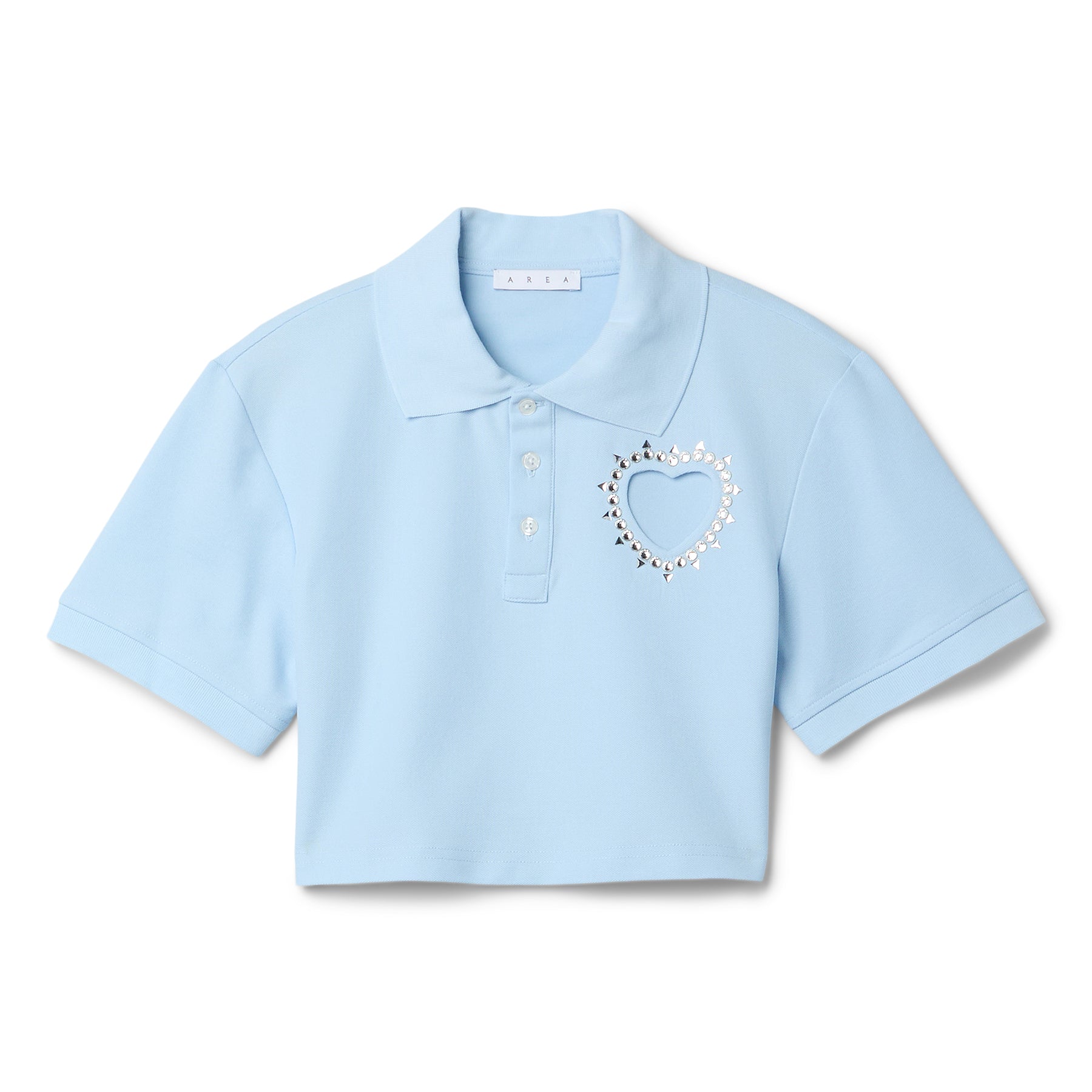 AREA Crystal Heart Cutout Cropped Polo (Baby Blue)Top