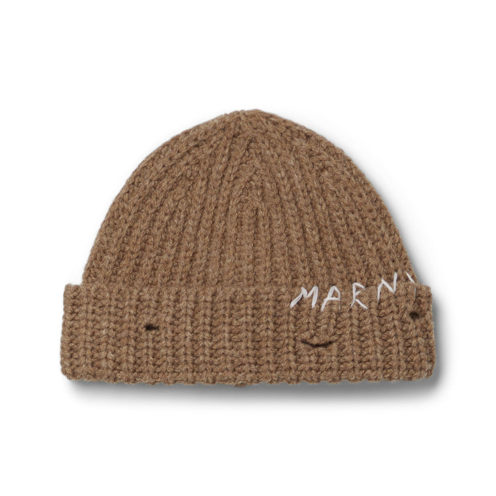 MARNI Hand-Stitched Logo Ribbed Beanie (Hazelnut) Hats