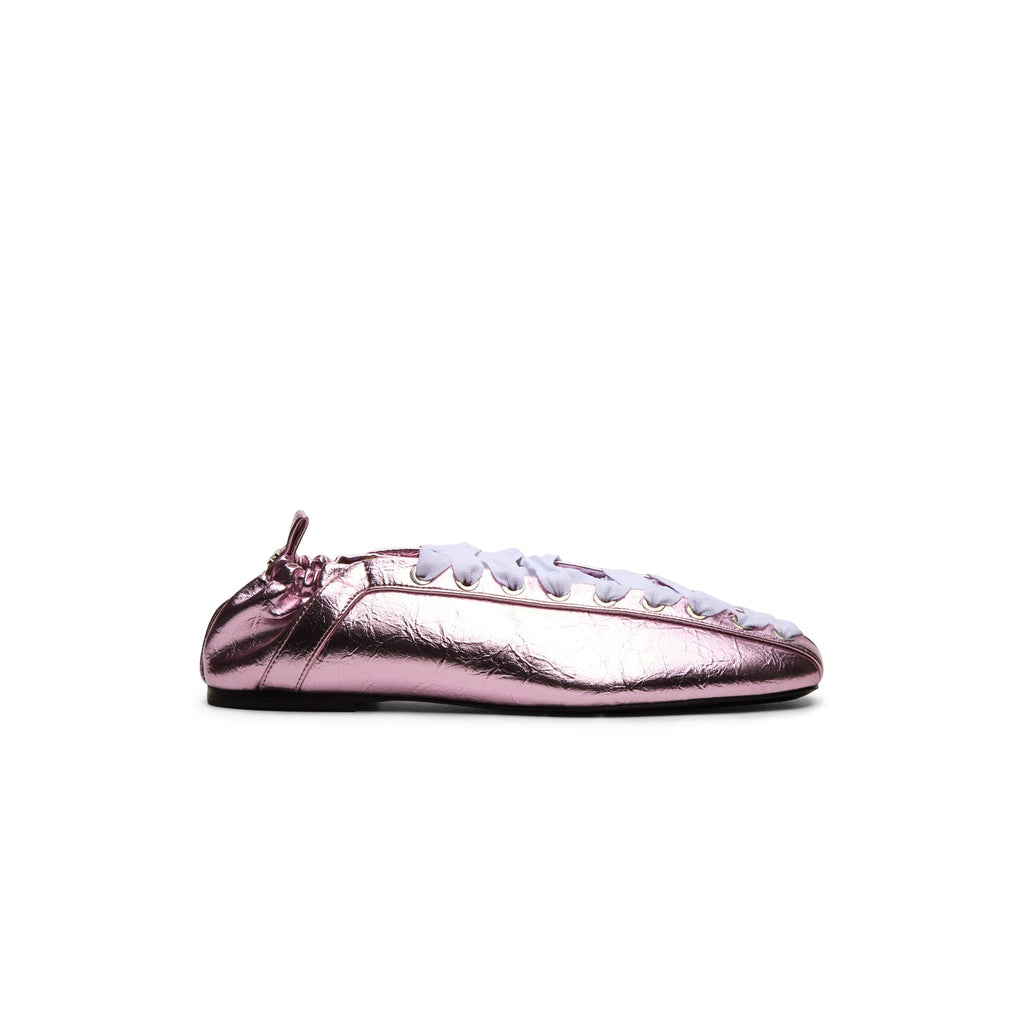 ganni-eyelets-lace-up-ballerina-crinkle-metallic-cameo-pink  Footwear