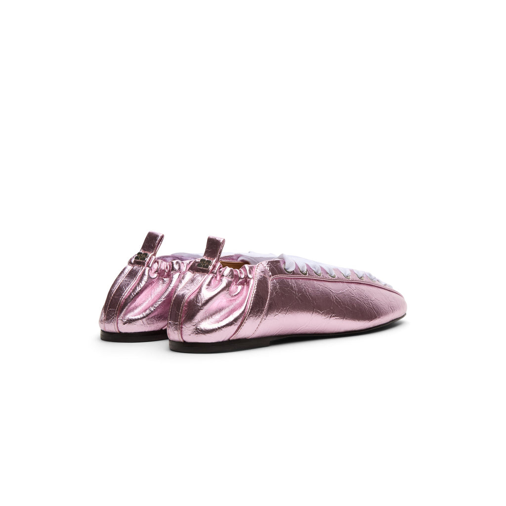 ganni-eyelets-lace-up-ballerina-crinkle-metallic-cameo-pink  Footwear