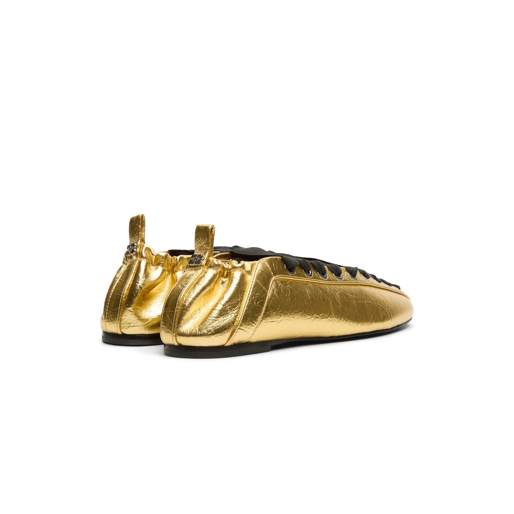 ganni-eyelets-lace-up-ballerina-crinkle-metallic-gold  Footwear