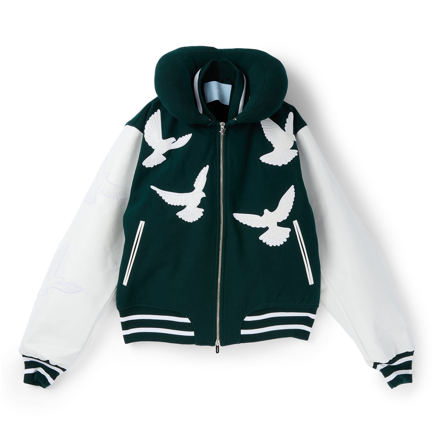 3.Paradis Flying Dove Pillow Neck Varsity Jacket (Green) Top