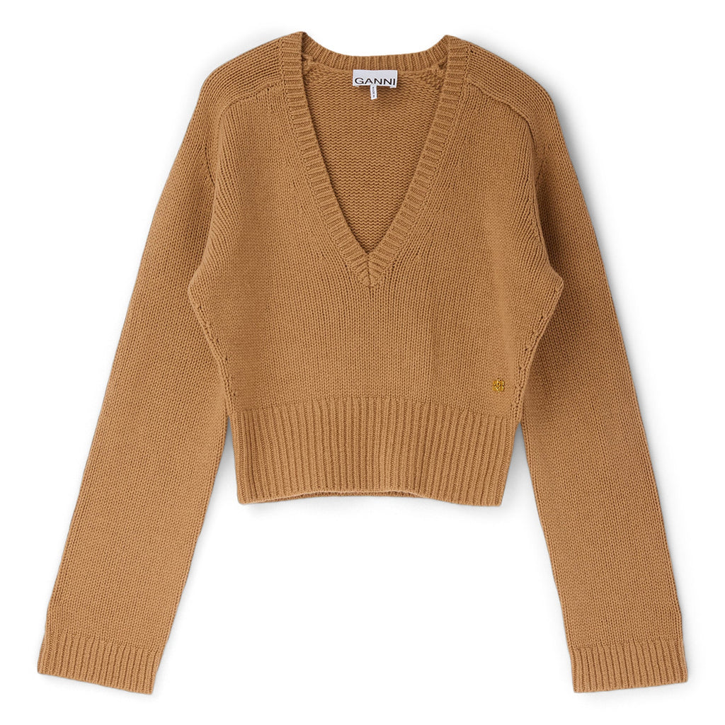 GANNI Wool Yak Mix Deep V-Neck (Tiger's Eye) Top