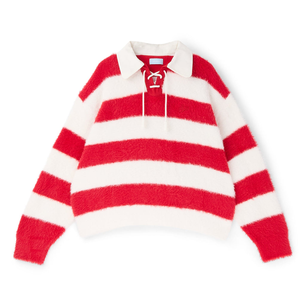 3.Paradis Fluffy Knit LS Polo (Redwhite) Top