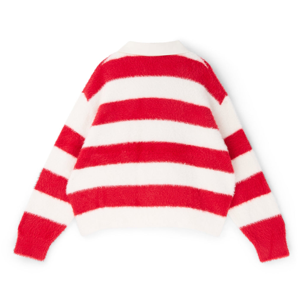 3.Paradis Fluffy Knit LS Polo (Redwhite) Top
