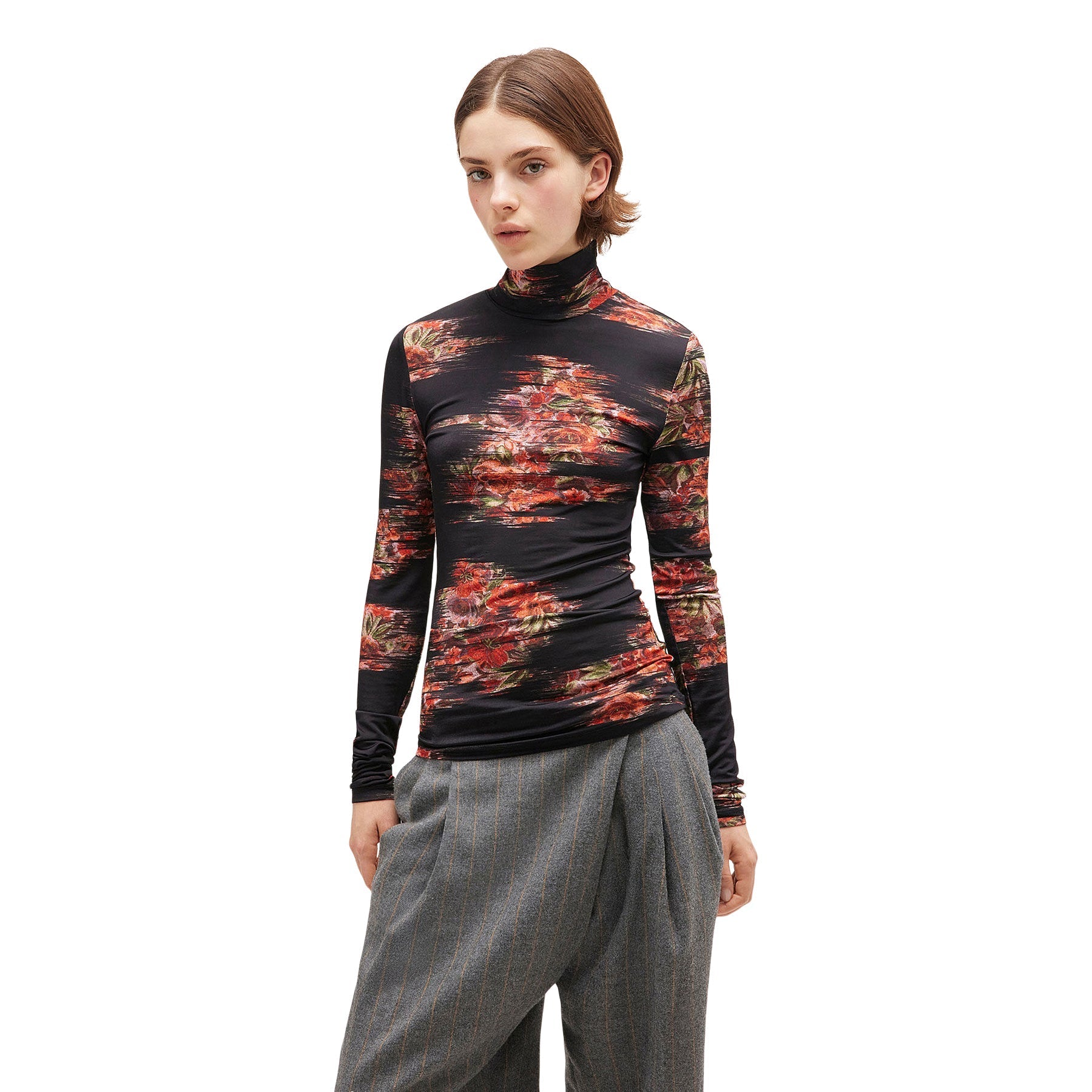 GANNI Floral Jersey Turtleneck (Black) Top
