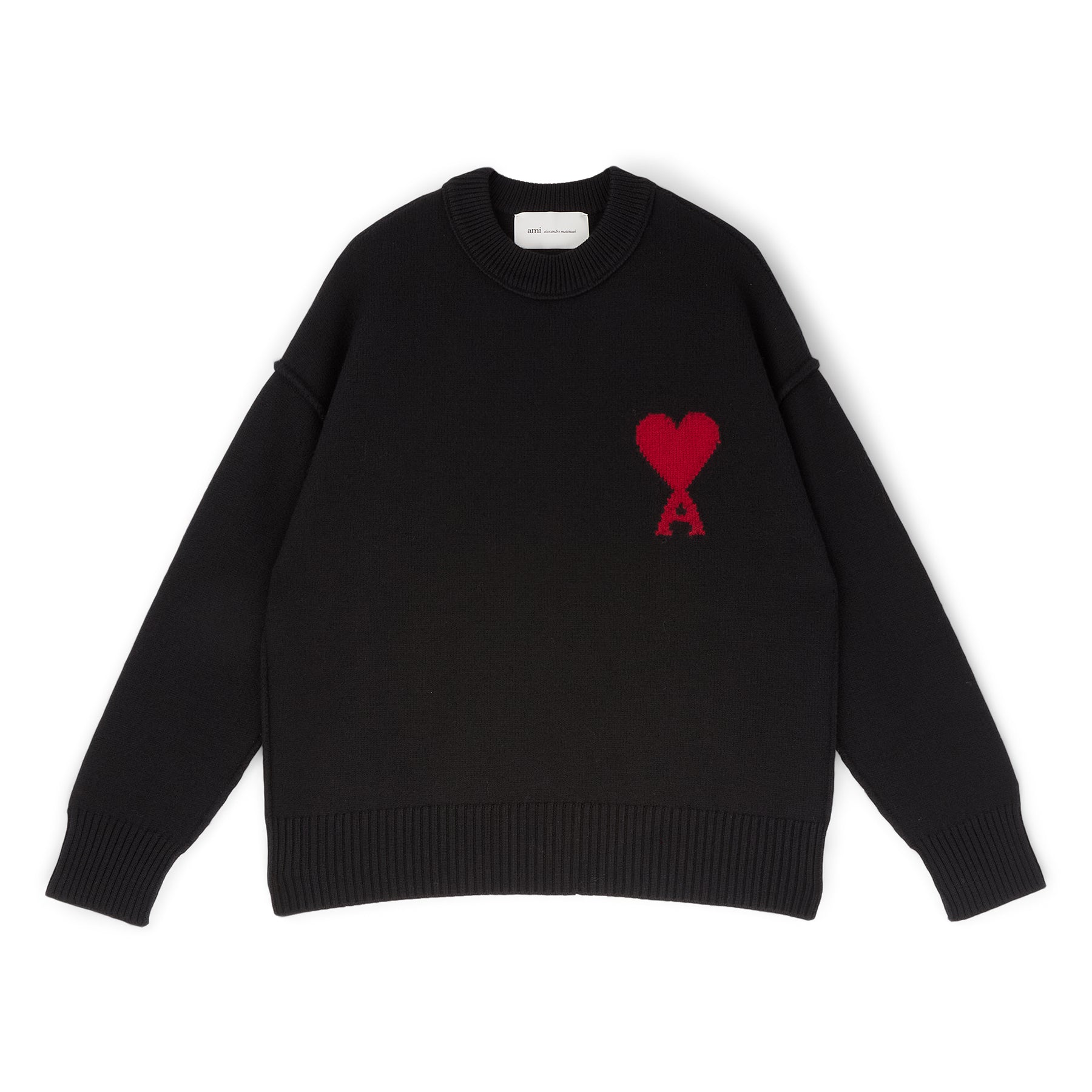 AMI Crewneck Sweater With Contrasted AMI De Coeur (Noir/Rouge) Top