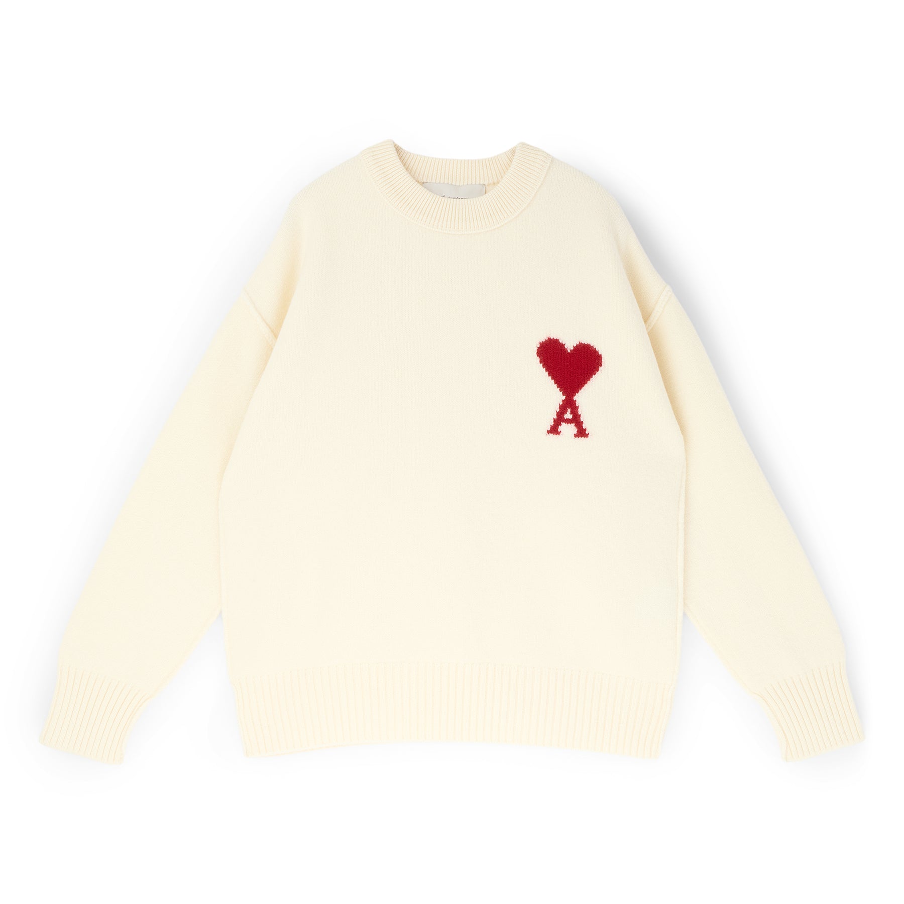 AMI Crewneck Sweater With Contrasted AMI De Coeur (Ecru/Rouge) Top