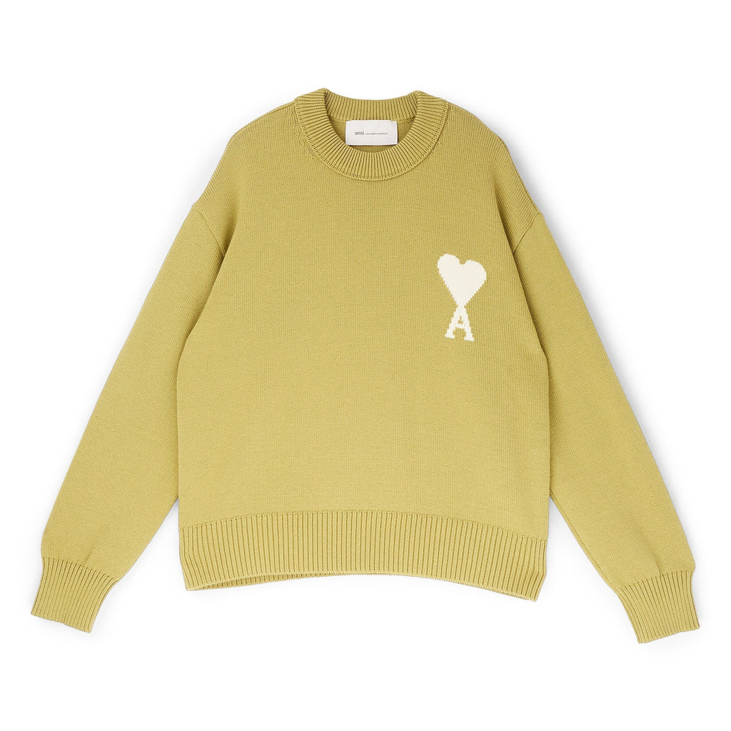 AMI Crewneck Sweater With Contrasted AMI De Coeur (Matcha/Ecru) Top